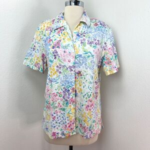 Vtg 90s Koret Womans Spring Floral Blouse Med Cotton Linen Short Sleeves Gauzy